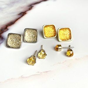 Set of gold + yellow, druzy and stud post earrings